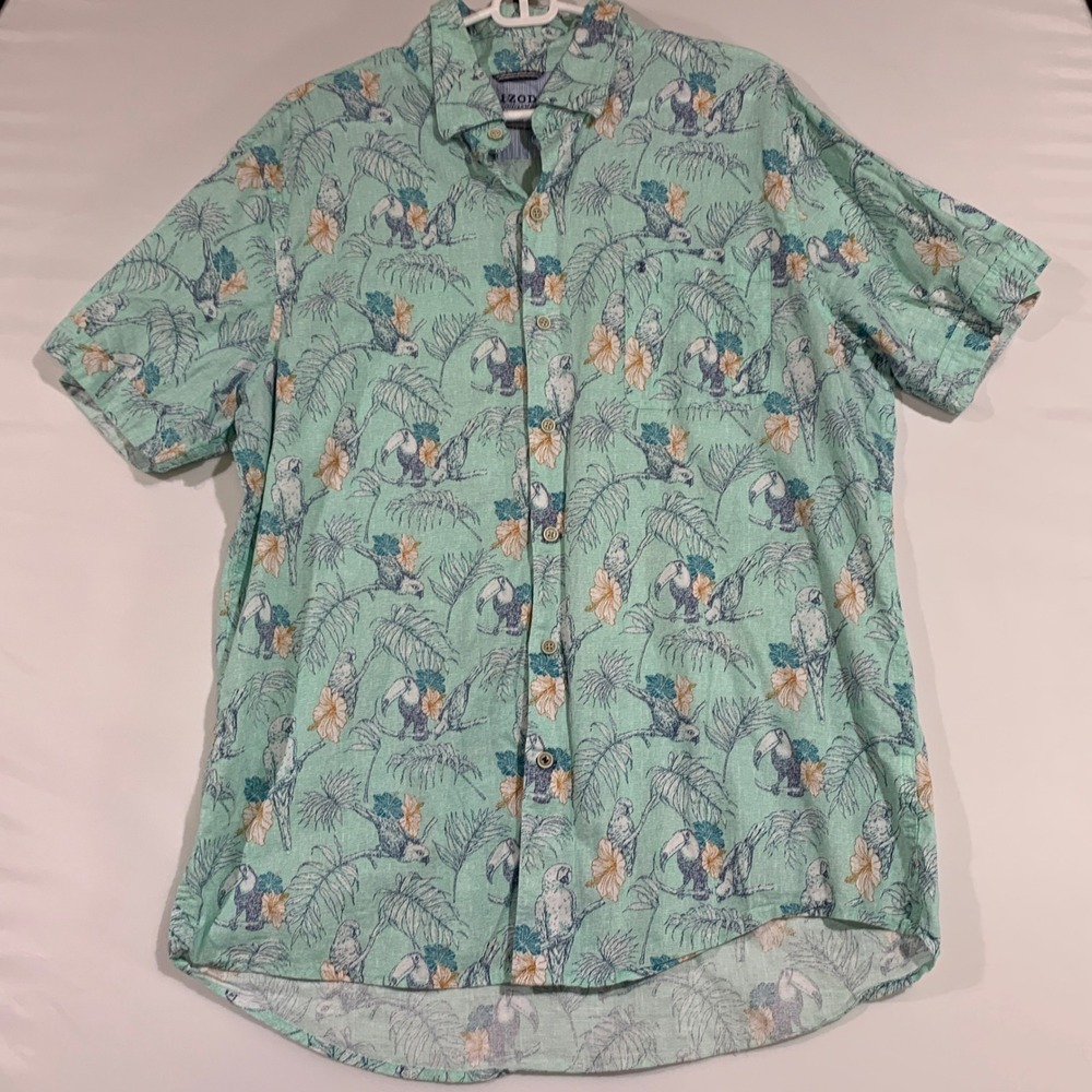 IZOD Saltwater Toucan Parrot Tropical Print Button Up Shirt Beach Vaca Mens XL